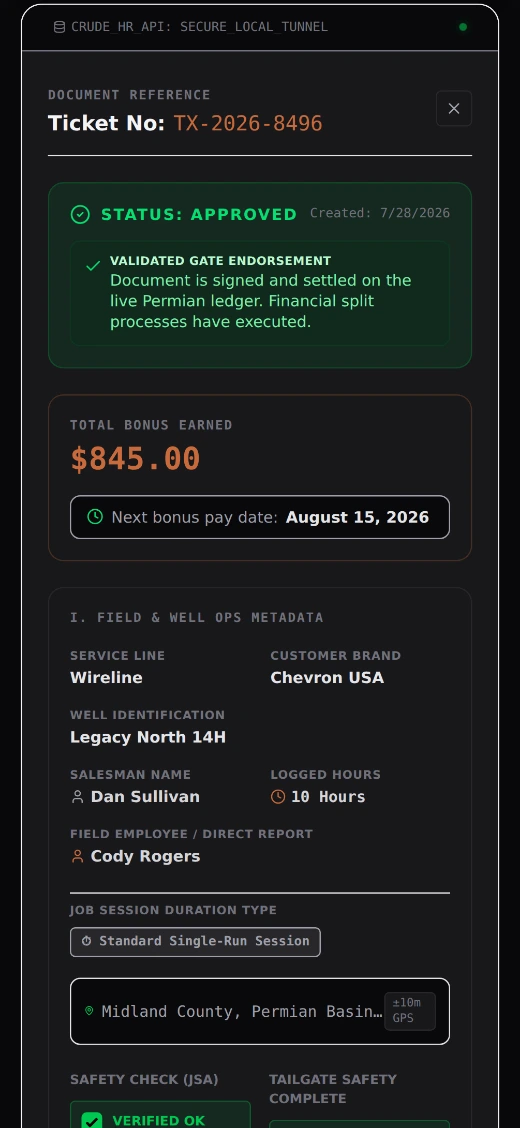 Crude HR demo: approved field ticket detail with bonus payout