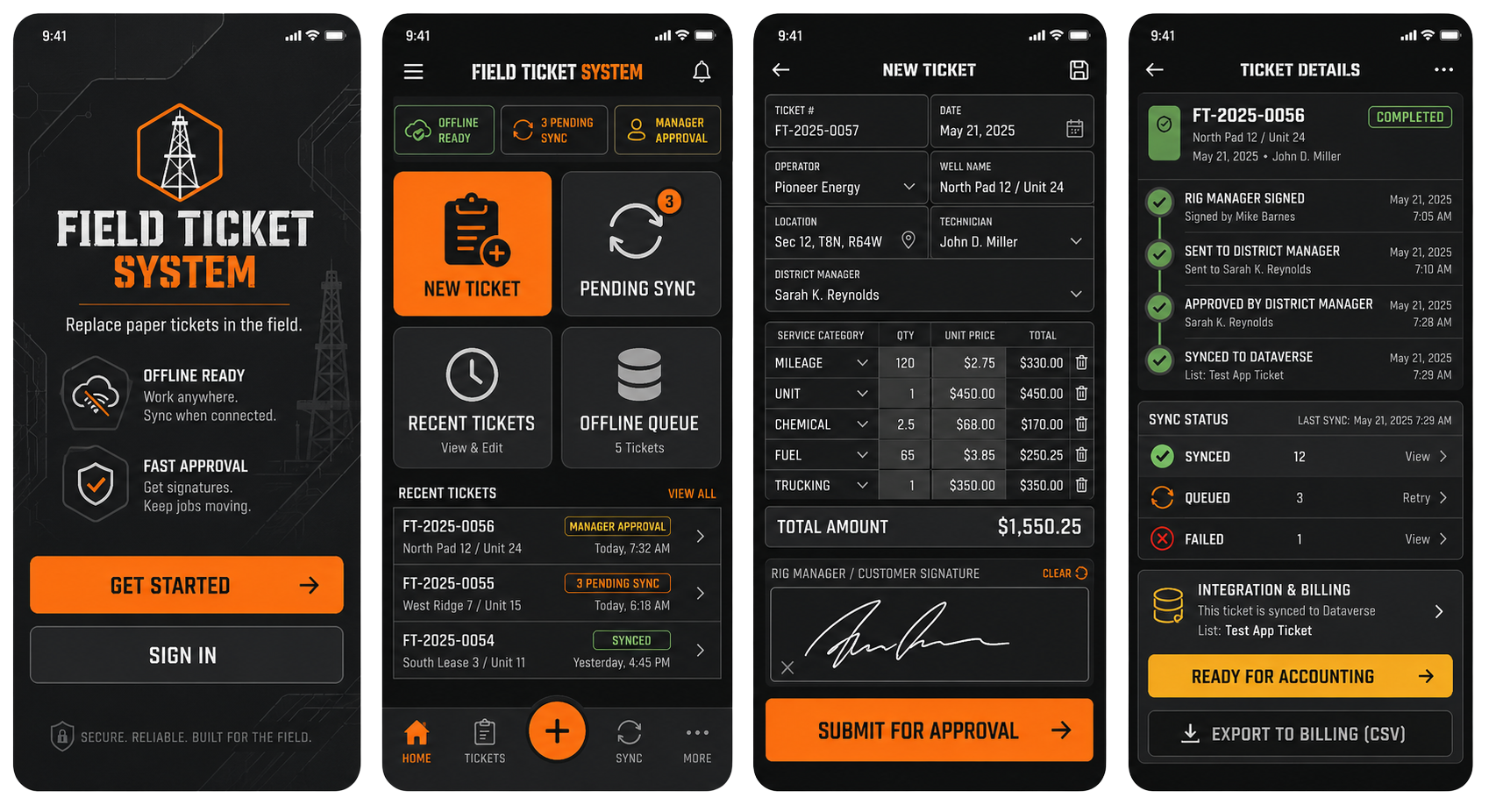 Four mobile screens from the Crude HR Field Ticket System