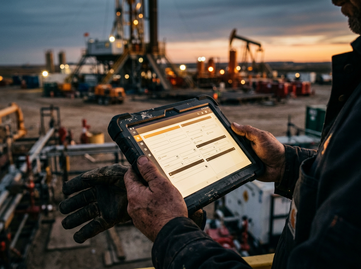 A field worker reviewing a digital field-ticket form on a rugged tablet at an oilfield site at dusk